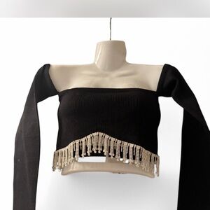ZARA Elegant Black Off-Shoulder Top with Fringe